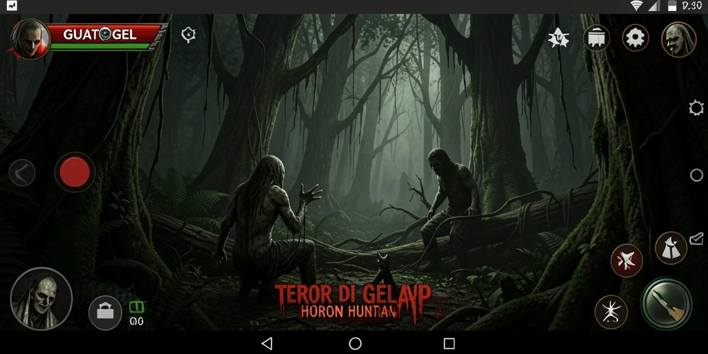 Screenshot dari GUATOGEL menampilkan suasana mencekam hutan horor.